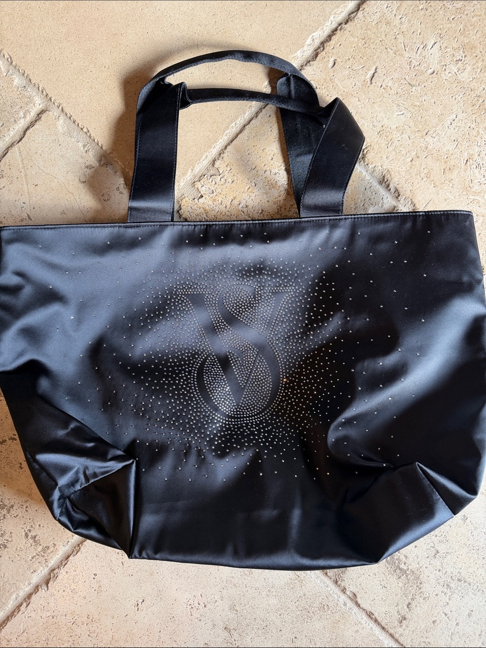 Victoria's Secret Black Satin Tote with Rhinestone Monogram